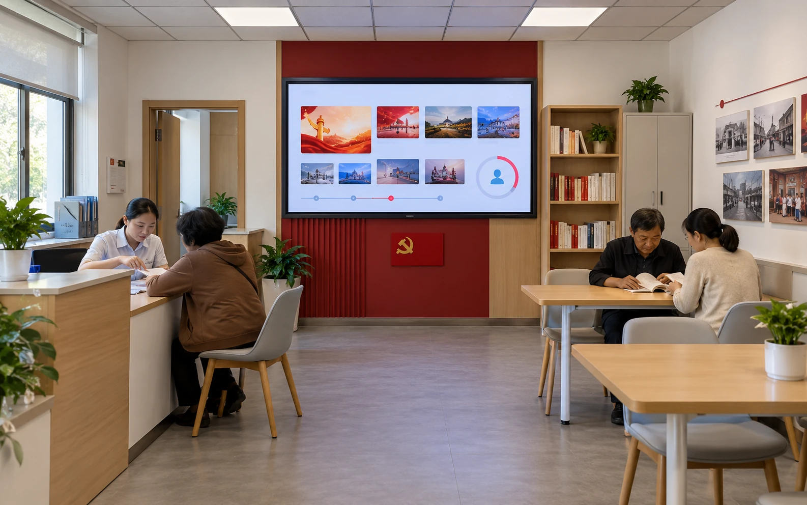 紧凑型党群服务学习空间中的接待台、数字学习屏与小组活动区
