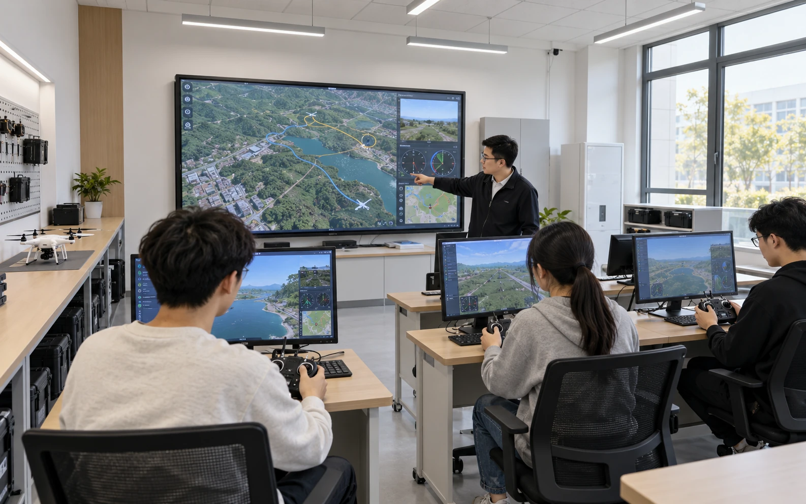 高职无人机仿真实训教室中的教学大屏、操纵工位与教学无人机