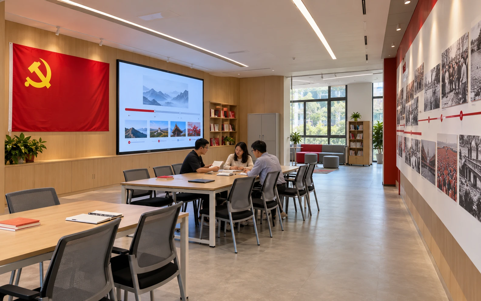 党建文化学习空间中的数字学习屏、研讨活动区与文化内容展示墙