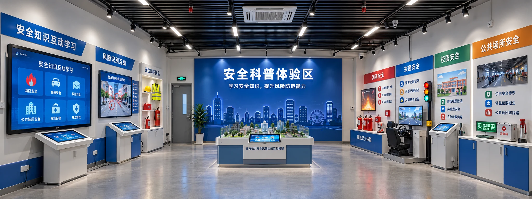 安全科普体验区场景视觉,包含安全知识、风险识别、消防及公众场所安全互动区域