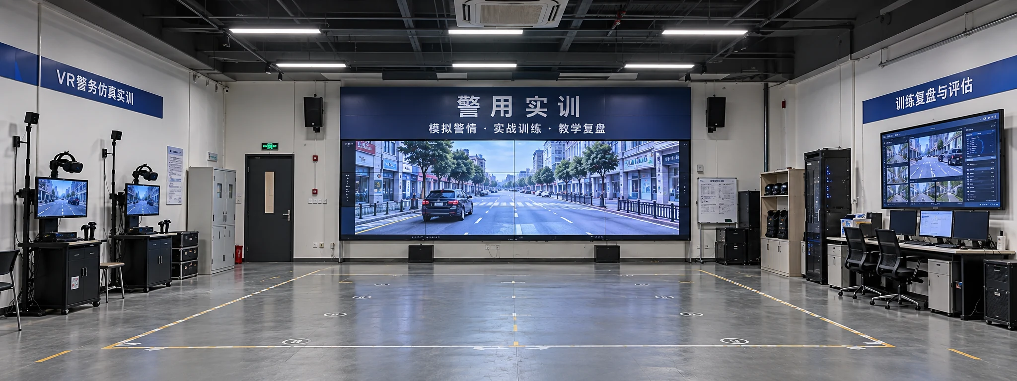 警用实训场景视觉，包含大空间训练场地、VR设备及训练复盘与评估区域