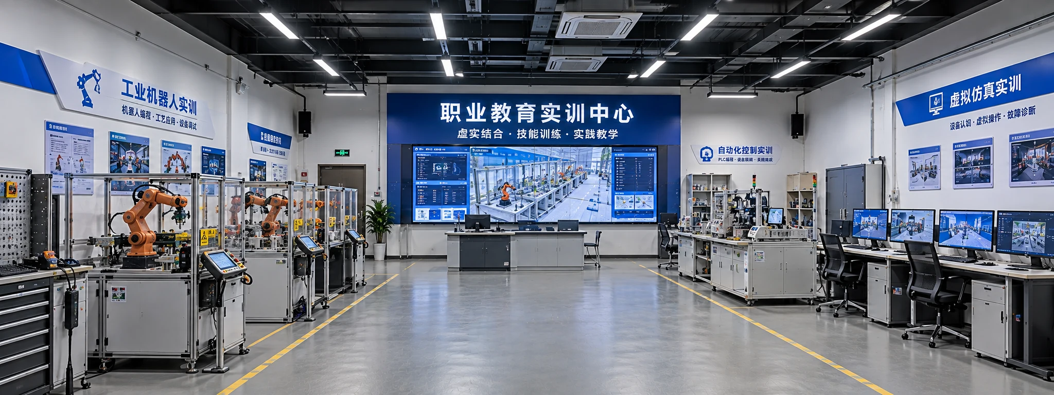 职业教育实训中心场景视觉,包含工业机器人、自动化设备与虚拟仿真实训区域