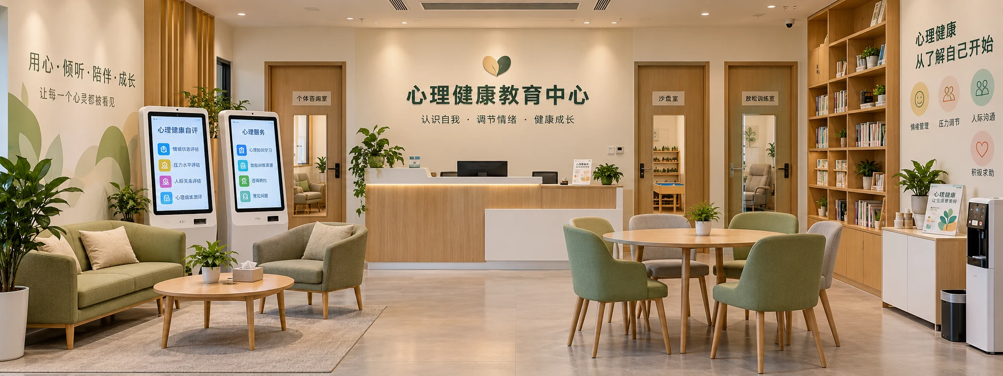 心理健康教育中心场景视觉,包含自助终端、交流座椅与心理服务功能区域