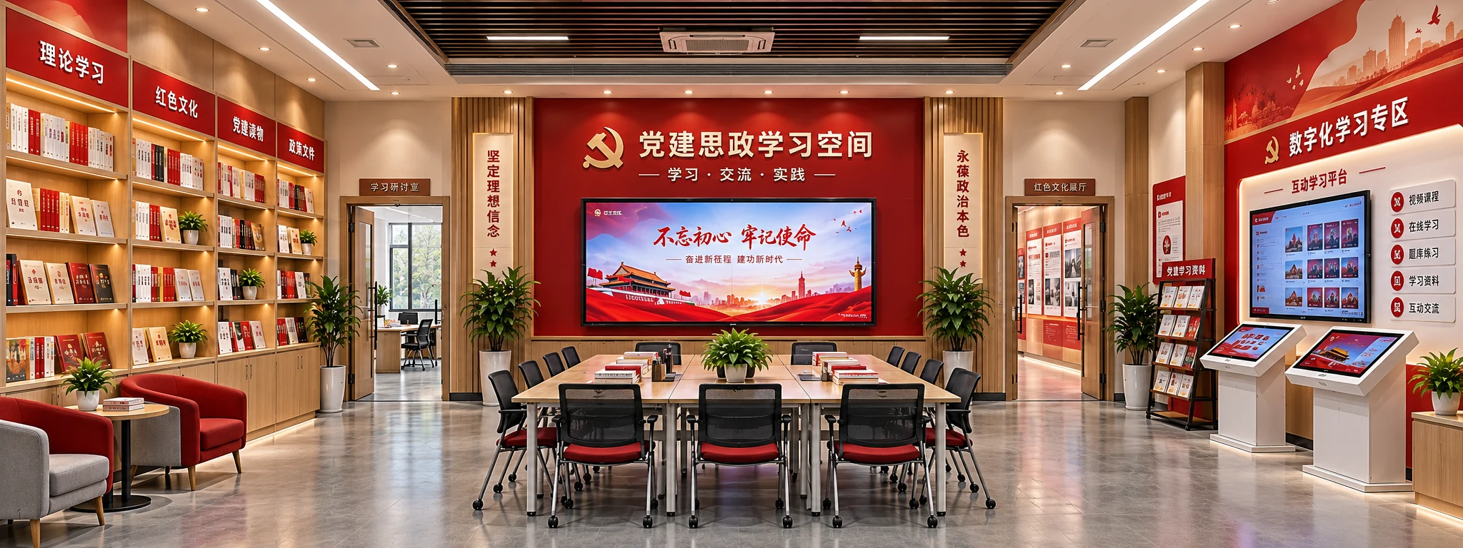 党群思政学习空间场景视觉,包含理论学习、主题内容、互动桌与数字学习专区
